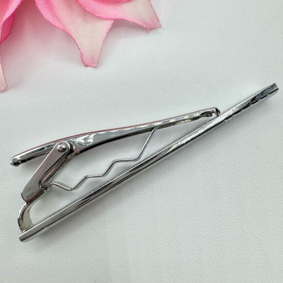 Long Skinny Tie Clip Bar Clasp Satin Finish Silver Tone Textured Squares Matte - Picture 5 of 9